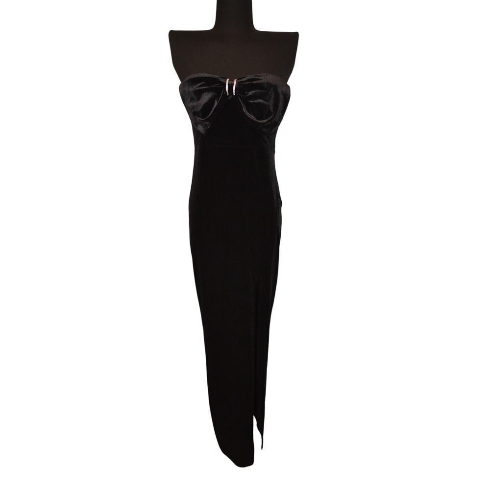 Long Black Strapless Velvet Dress Bow - Mid Leg Front Slit Pear Culture Size 7/8